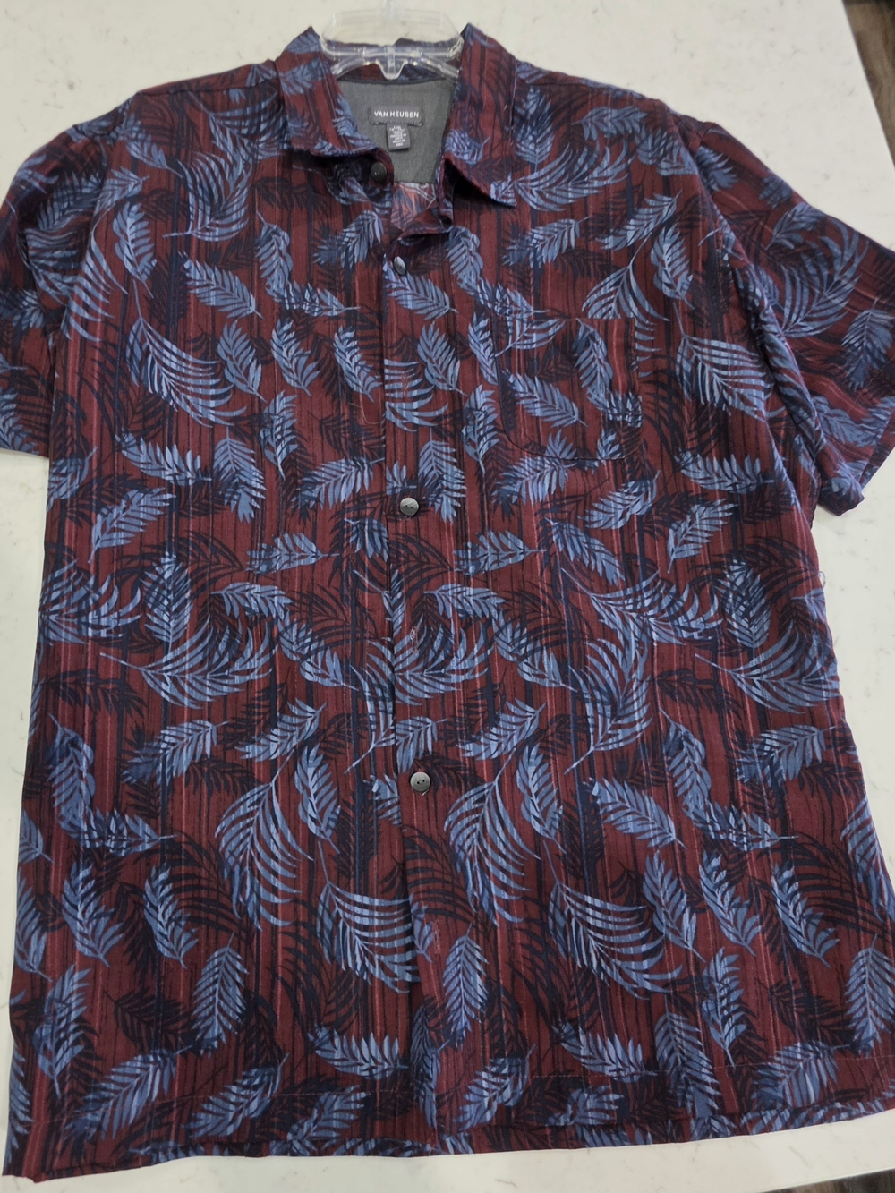 Van Heusen Burgundy Short-Sleeve Button-Up with Blue Leaf Print